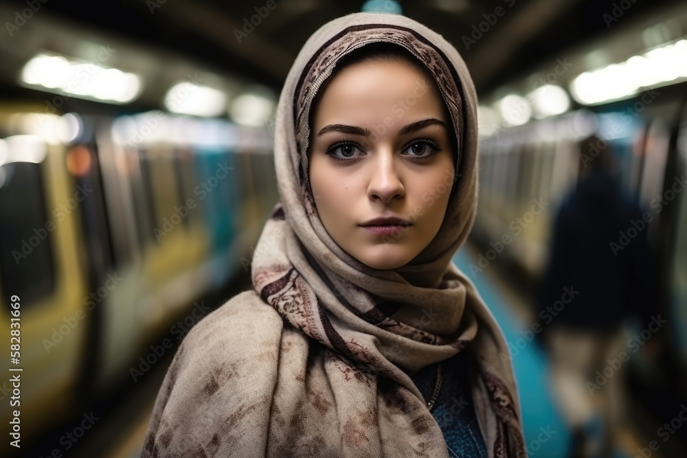 Serious college female student wearing a hijab looking at the camera. at a subway station. generative AI Serious college female student wearing a hijab looking at the camera. at a subway station. generative AI