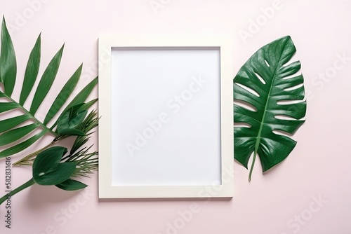 a white frame with a green leaf is empty. Generative AI © AkuAku