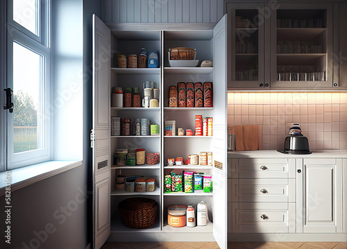 Interior of modern kitchen pantry as digital interior design illustration (Generative AI) photo