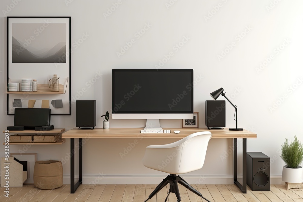 mockup of a blank poster showing a desktop pc. Generative AI mockup of a blank poster showing a desktop pc. Generative AI