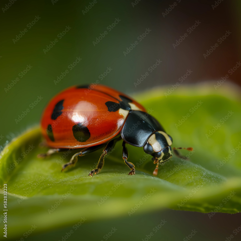 Close up macro of a ladybird on a leaf created with generative AI technology Close up macro of a ladybird on a leaf created with generative AI technology