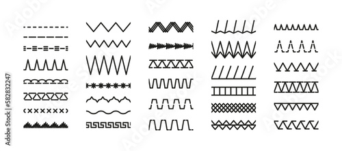 Seamless sewing stitches collection. Set of machine thread sew brushes. Overlock embroidery seams. Simple zigzag elements vector illustration. Line border isolated on white background.