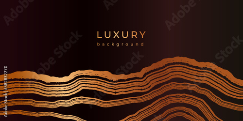 Luxury golden background with wooden texture. Banner with shiny tree linear pattern. Stamp of tree trunk in section. Natural Cutaway wood texture. Black and bronze gold background. Grunge lines