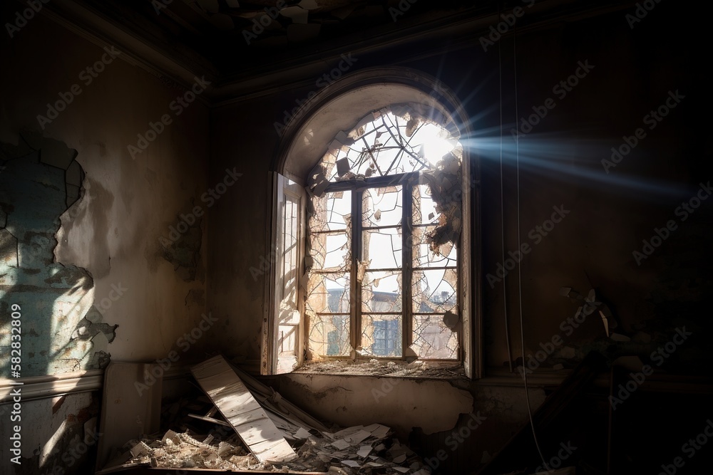 light enters the abandoned house through the broken windows
