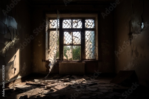 light enters the abandoned house through the broken windows © stasknop