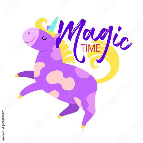 Solo print illustration with unicorn and hand drawn lettering Magic time. Funny animal for apparel, room decor, tee print design, poster and greeting card