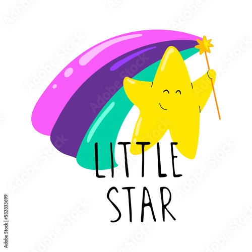 Solo print illustration with rainbow, cute star and hand drawn lettering Little star. Funny clipart for apparel, room decor, tee print design, poster and greeting card