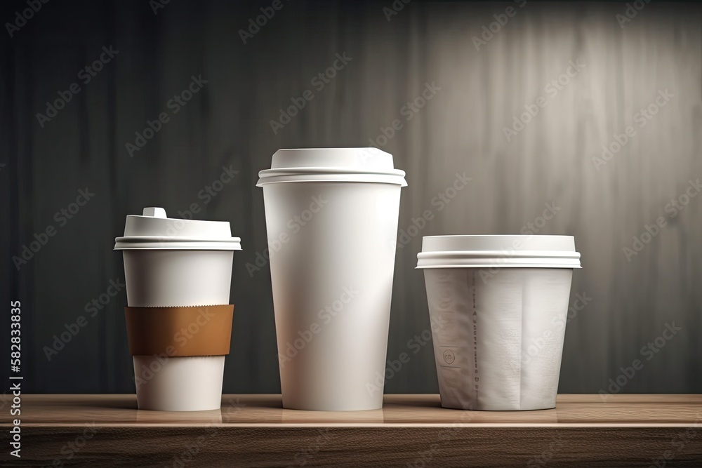 Realistic coffee cup takeout template set illustration. Mockup of a white paper coffee cup is displayed on a shelf and lit. Generative AI Realistic coffee cup takeout template set illustration. Mockup of a white paper coffee cup is displayed on a shelf and lit. Generative AI