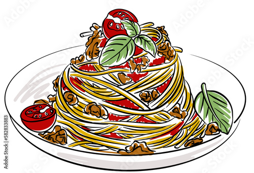 vector hand drawn illustration of italian cuisine. Traditional Italian linguini pasta with tomatoes and basil is isolated on a white background. 