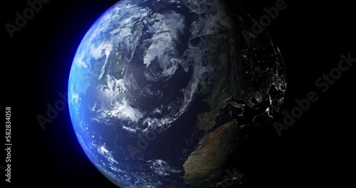 World, planet earth and city buildings zoom out with road of cars above in global traffic, urban environment or travel. Motor vehicles traveling in town around globe with detail industry architecture