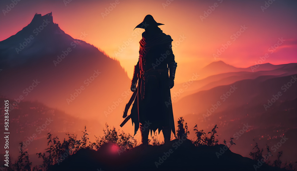 A dark silhouette of a masked man on a hill, against the backdrop of a sunset in the mountains. A colorful sunset and a beautiful sky. An epic shot. A dark silhouette of a masked man on a hill, against the backdrop of a sunset in the mountains. A colorful sunset and a beautiful sky. An epic shot.