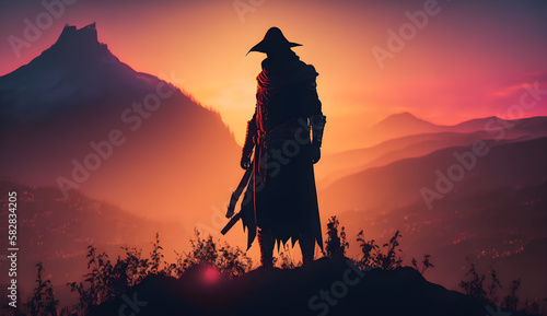 A dark silhouette of a masked man on a hill, against the backdrop of a sunset in the mountains. A colorful sunset and a beautiful sky. An epic shot.