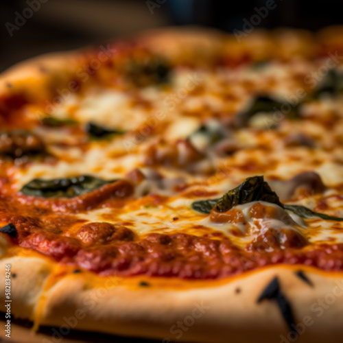 Big pizza, melted cheese, focus, italian. Illustration, generative AI