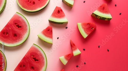 Slices of red fresh watermelon on a red and white gradient background. Healthy food ecological product. AI generated.