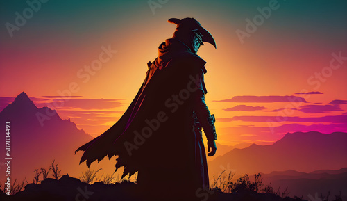 A dark silhouette of a masked man on a hill  against the backdrop of a sunset in the mountains. A colorful sunset and a beautiful sky. An epic shot.