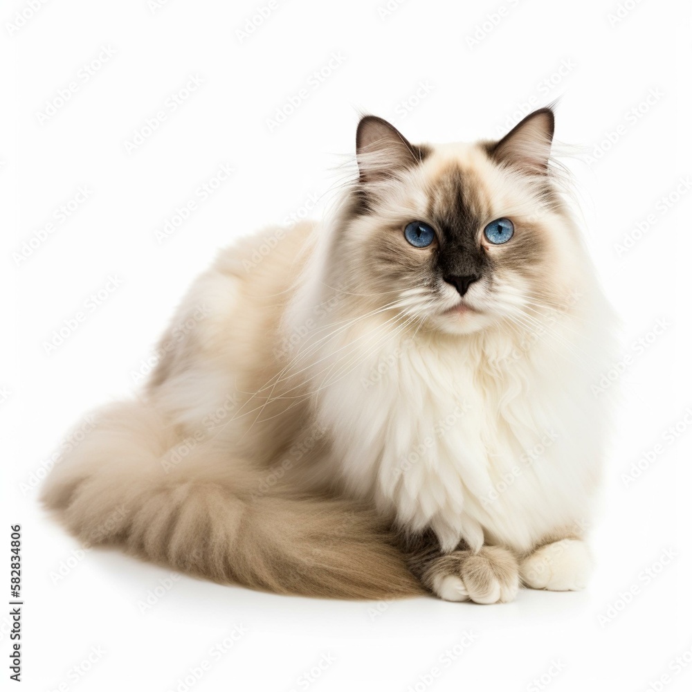 An isolated long-haired Ragdoll cat on white background Generative AI