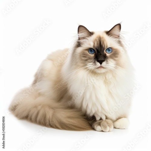 An isolated long-haired Ragdoll cat on white background Generative AI