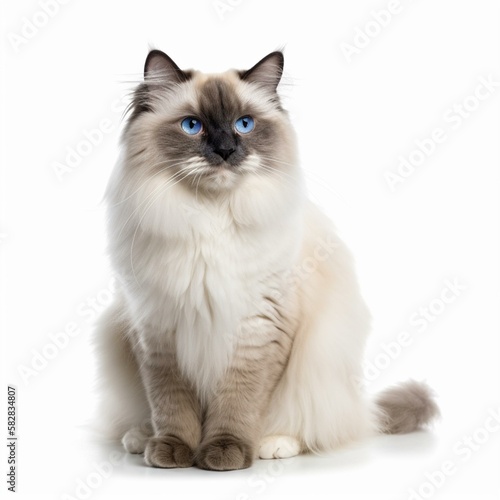 An isolated long-haired Ragdoll cat on white background Generative AI