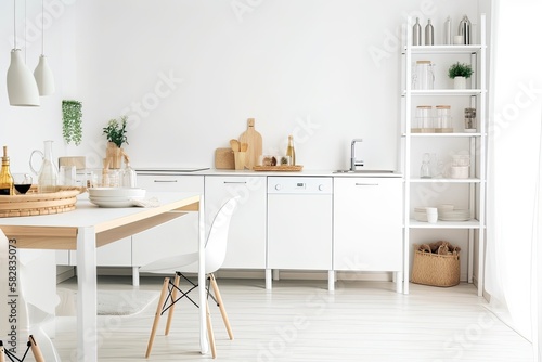 Scandinavian interior design and a brand new, bright kitchen. In the dining room, there is white furniture with utensils, colored cups and a kettle, shelves with dishes and potted plants, a refrigerat