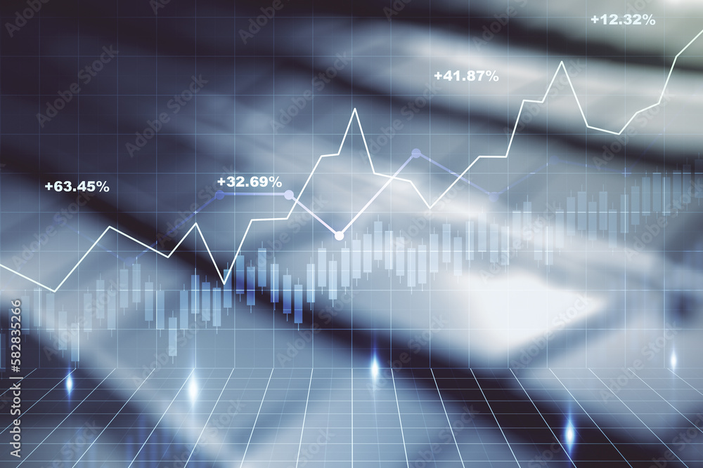 Double exposure of abstract creative financial chart hologram on blurry metal background, research and strategy concept Double exposure of abstract creative financial chart hologram on blurry metal background, research and strategy concept