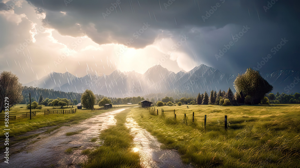 Ländliches Dorf Haus Landschaft in den Alpen in der Schweiz Österreich Bayern Sonne Regen Ruhe und Beschaulichkeit Generative AI Digital Art Wandbild Hintergrund Cover Ländliches Dorf Haus Landschaft in den Alpen in der Schweiz Österreich Bayern Sonne Regen Ruhe und Beschaulichkeit Generative AI Digital Art Wandbild Hintergrund Cover