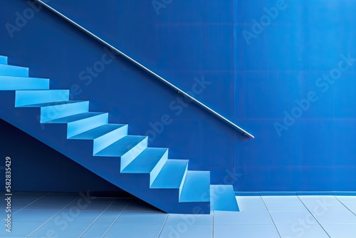 Blue wall with copyspace close by blue straight steps. stairwell and blue wall background. Generative AI