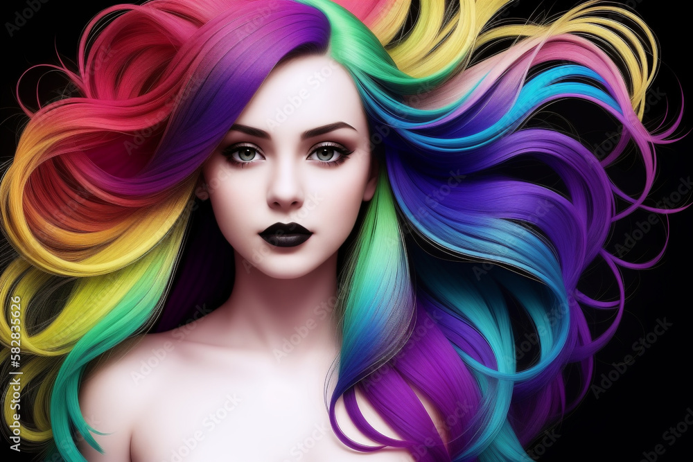 Portrait of a girl with developing bright multicolored long hair and bright makeup. AI generative
