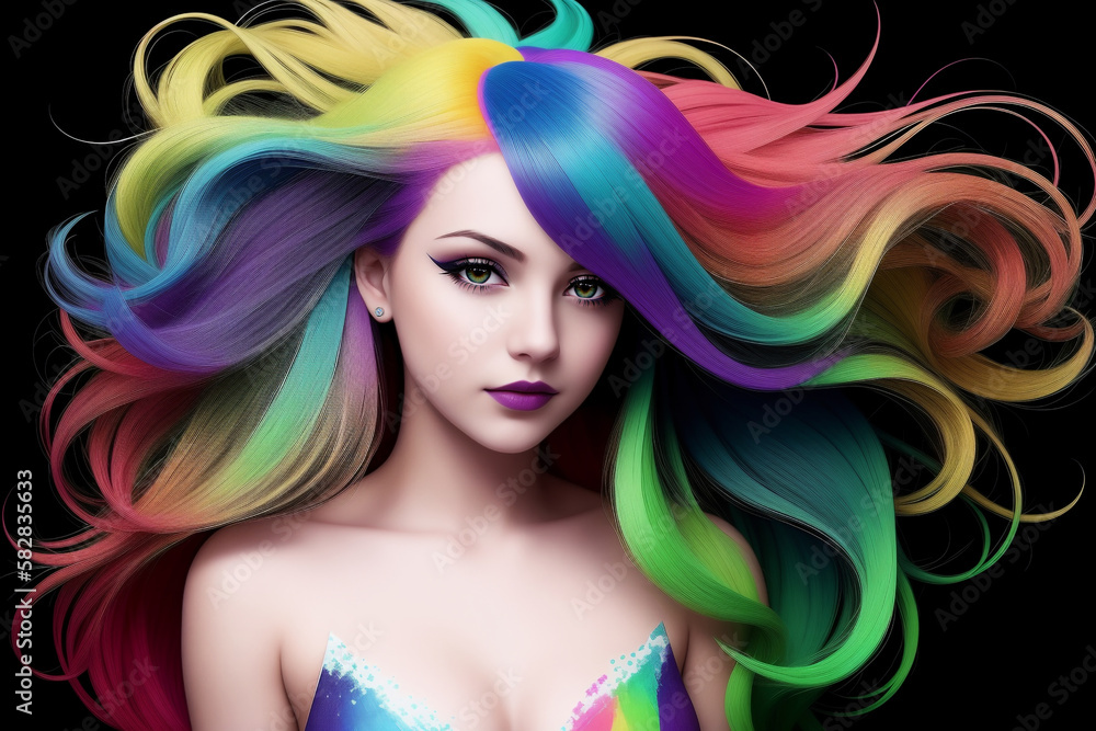 Girl with multicolored strands of long hair developing in the wind. The background is black. AI generative