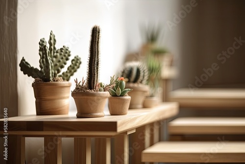 Cactus displays on wooden steps with text space in a showcase for interior or home d  cor. Generative AI