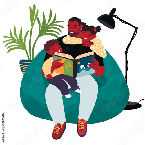 Father, daughter and son are reading a book together.Happy smiling family having fun. Bean bag chair,home plant and floor lamp.Cartoon flat vector illustration isolated on white background.