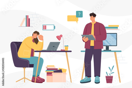 Burnout and stress of sad employee vector illustration. Cartoon tired worried female office worker with low battery sitting at desk with laptop, male busy workaholic colleague standing with tablet
