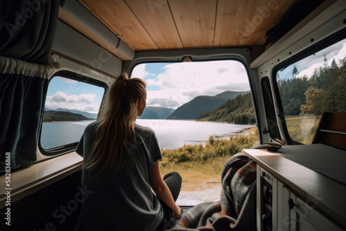 A young woman sitting in a camper van looking at a beautiful view. Generatie ai