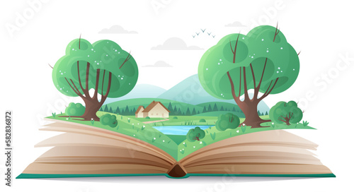 Cartoon magic summer nature with trees and mountains, water of lake and cute family house, fantasy adventure in storybook. Spring forest landscape on paper pages of open book vector illustration.