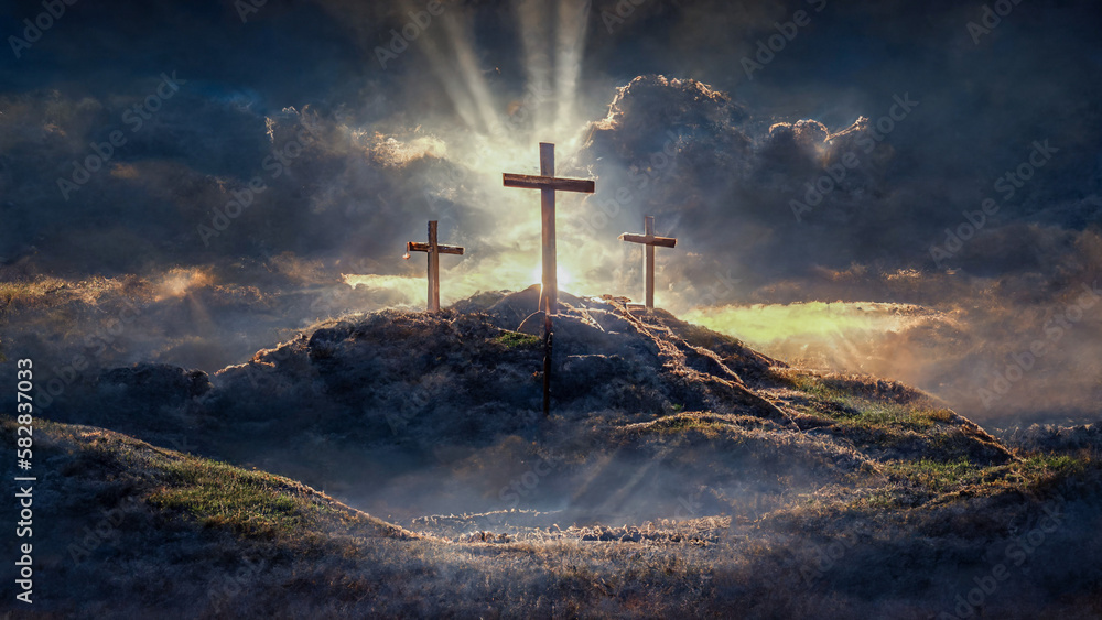 3 Crosses on a hill with sun rays and clouds in the background Stock ...