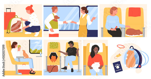 Passengers travel with pets by plane set vector illustration. Cartoon scenes inside airplane with pet owners sitting on seats with cat or dog, bags for relocation or carriers for animal under chairs