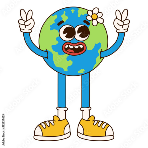 Retro planet cartoon character. Earth mascot. Trendy groovy 70s style illustration. Vector funny illustration.