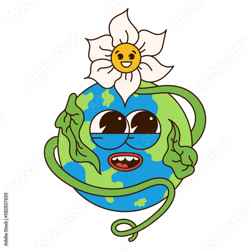 Retro planet cartoon character. Earth mascot. Trendy groovy 70s style illustration. Vector funny illustration.
