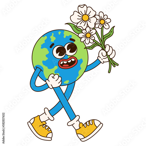 Retro planet cartoon character. Earth mascot. Trendy groovy 70s style illustration. Vector funny illustration.