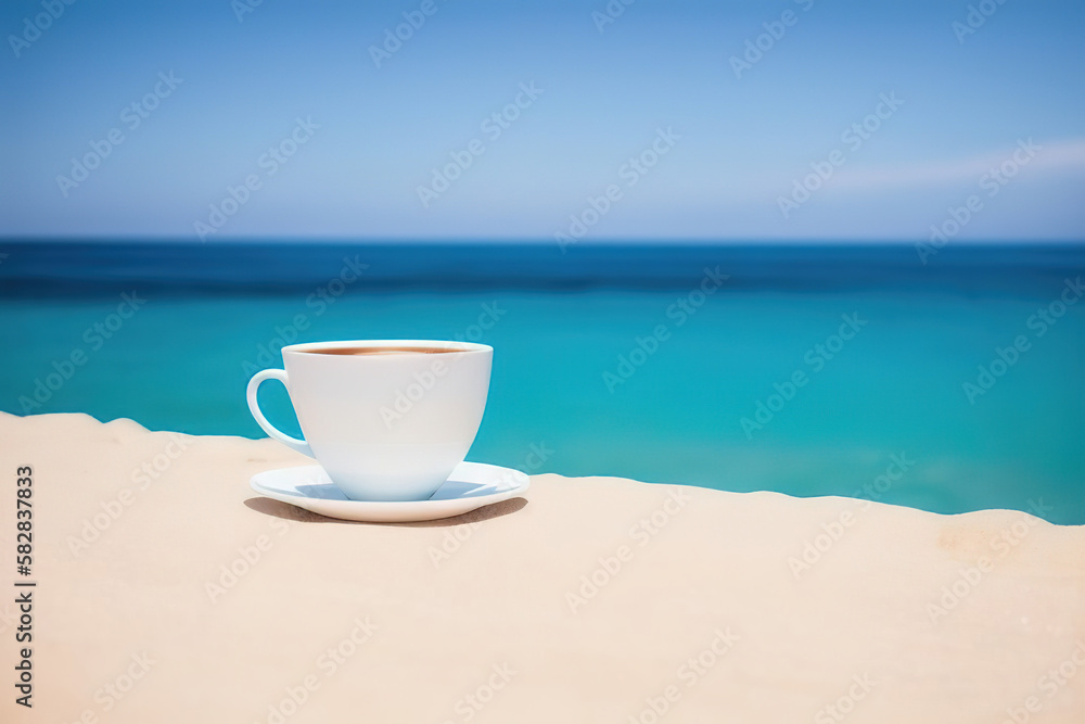 A mug with coffee on a table on a tropical island against the background of azure water, Generative AI. A mug with coffee on a table on a tropical island against the background of azure water, Generative AI.