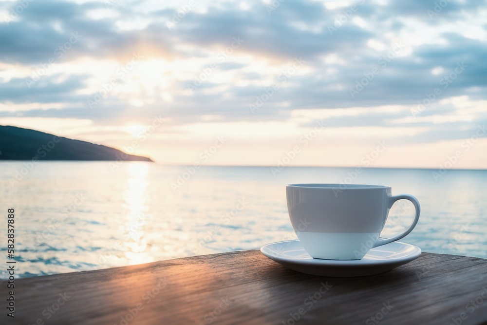 A mug with coffee on a table on a tropical island against the backdrop of ocean waves, Generative AI. A mug with coffee on a table on a tropical island against the backdrop of ocean waves, Generative AI.