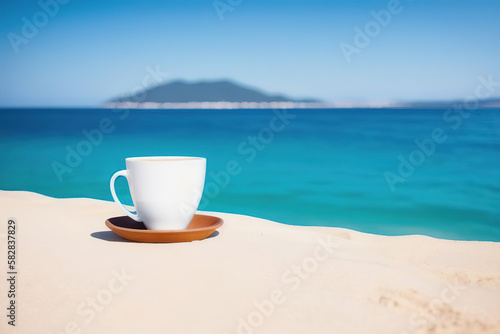 A mug with coffee on a table on a tropical island against the background of azure water, Generative AI.