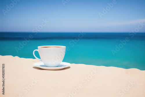 A mug with coffee on a table on a tropical island against the background of azure water  Generative AI.
