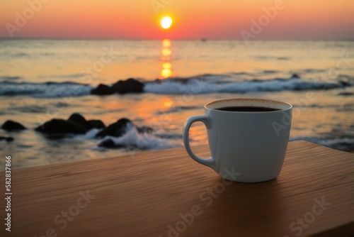 A mug with coffee on a table on a tropical island against the backdrop of ocean waves, Generative AI.