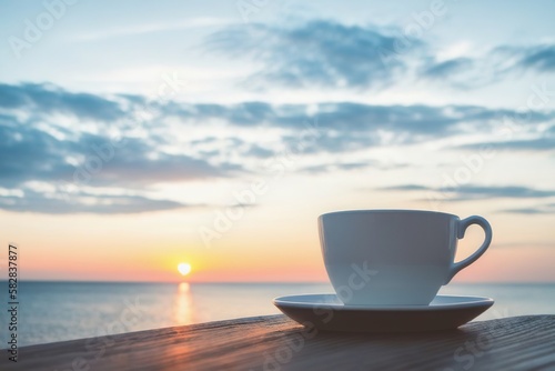A mug with coffee on a table on a tropical island against the backdrop of ocean waves  Generative AI.