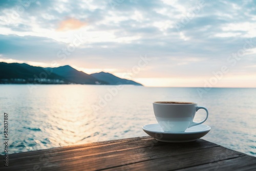 A mug with coffee on a table on a tropical island against the backdrop of ocean waves, Generative AI.