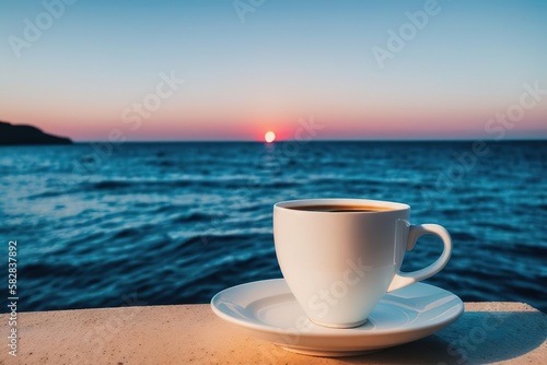 A mug with coffee on a table on a tropical island against the backdrop of ocean waves, Generative AI.