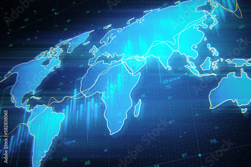 Glowing map with forex chart on blurry background. Finance statistics and data Analytics. Stock exchange market, investment, finance and trading. 3D Rendering.