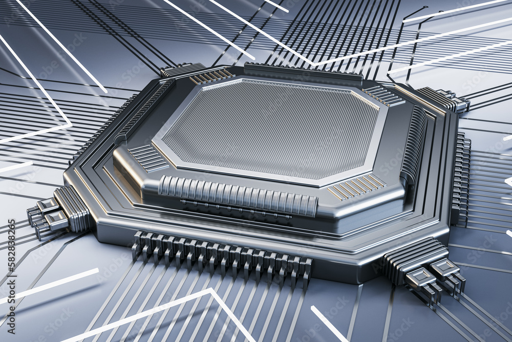 Creative empty silver chip on metal background with lines. Mock up place. Technology and motherboard, computer and hardware concept. 3D Rendering. Creative empty silver chip on metal background with lines. Mock up place. Technology and motherboard, computer and hardware concept. 3D Rendering.