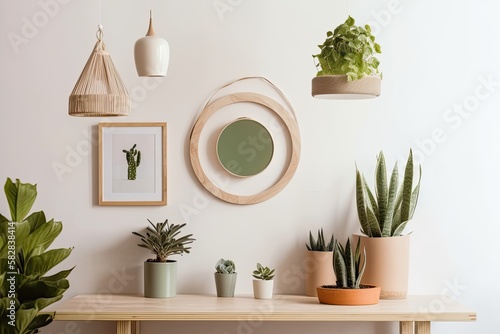 Succulent plant and a white frame with a round opening hang on the wall in a creative combination. Generative AI © AkuAku