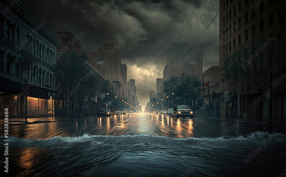 Flooded city center and streets after extreme rain . Generative AI.